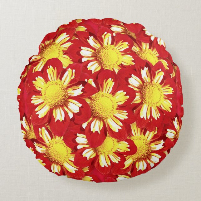 Cojín Redondo Ramo de Dahlia - rojo y blanco con amarillo (Anverso)