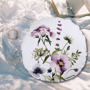 Cojín Redondo Ramo de flores silvestres moradas Acuarela Floral