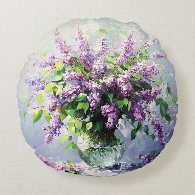 Cojín Redondo Ramo de Lilas en Flor de Lavanda (Anverso)