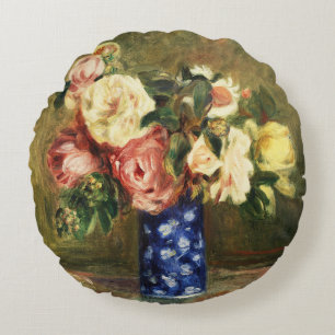Cojín Redondo Ramo de rosas rosadas vintage Renoir en arte de ja