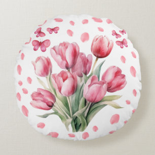 Cojín Redondo Ramo de tulipanes de acuarela elegante pétalos