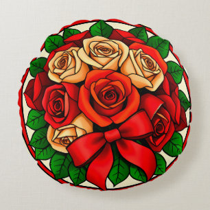 Cojín Redondo Ramo Elegante de Rosas Rojas y Blancas