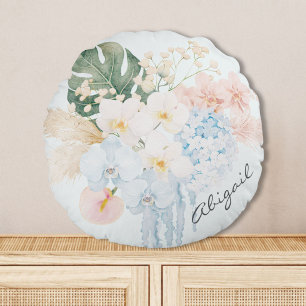 Cojín Redondo Ramo Floral de Flores Tropicales de Acuarela con M