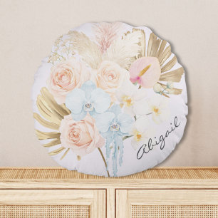 Cojín Redondo Ramo Floral Tropical Bonito con Monograma