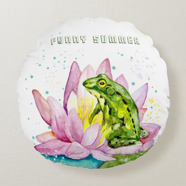 Cojín Redondo Rana divertida en un loto (Anverso)