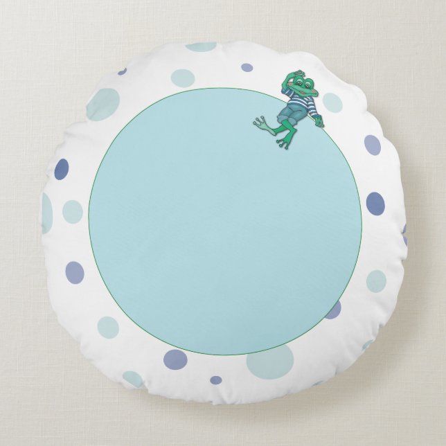 Cojín Redondo Rana en jeans, cumpleaños, puntos de polka (Anverso)