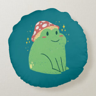 Cojín Redondo Rana Verde Adorable con Sombrero de Hongo