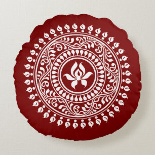 Cojín Redondo Rangoli festivo rojo y blanco