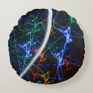 Cojín Redondo Rastros de Luz de Neón Fotografía Abstracta. Ciber