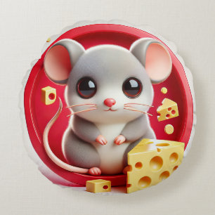 Cojín Redondo Ratón de dibujos animados lindo con queso suizo