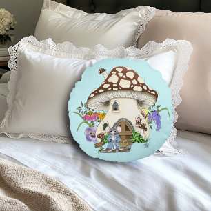Cojín Redondo Ratoncito Fantasía Casa de Champiñones Floral Azul