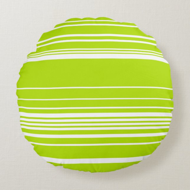 Cojín Redondo Rayas complejas en verde limón y blanco (Anverso)