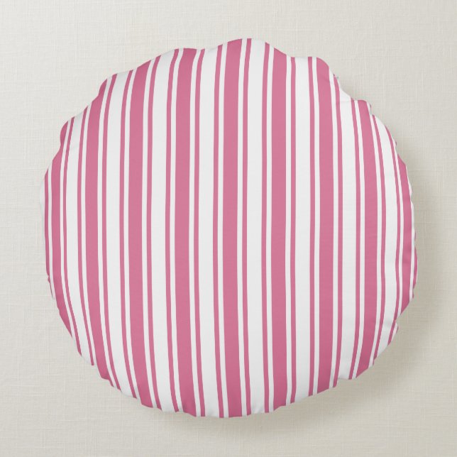Cojín Redondo Rayas de caramelo rosa y blanco (Reverso)