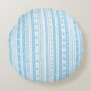Cojín Redondo Rayas de garabatos florales en azul bebé y blanco