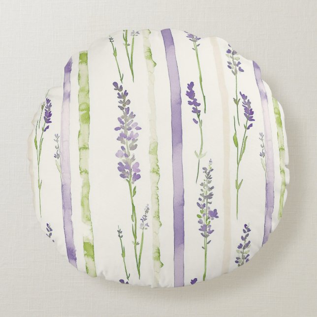 Cojín Redondo Rayas de lavanda Floral   (Anverso)