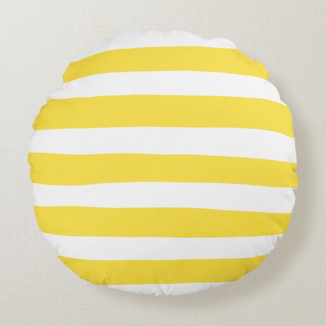 Cojín Redondo Rayas desiguales - Amarillo limón y blanco (Anverso)