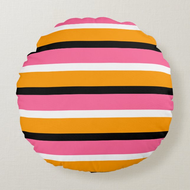 Cojín Redondo Rayas horizontales de naranja rosa (Anverso)