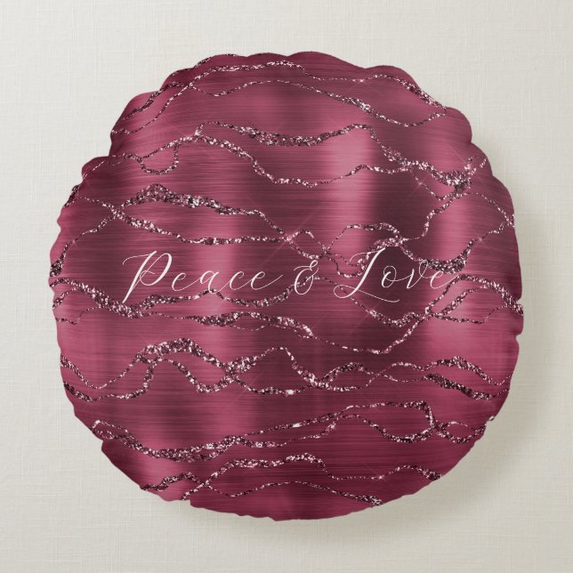 Cojín Redondo Rayas Purpurinas Glitzy Rojas de Borgoña (Anverso)
