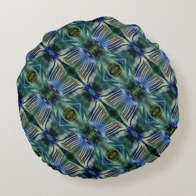 Cojín Redondo Rayas transversales curvadas en azul y verde llama (Reverso)