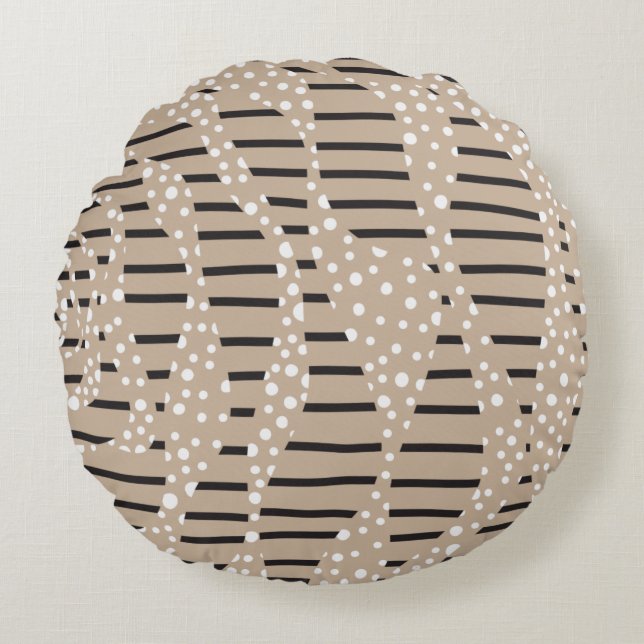 Cojín Redondo Rayas y puntos 2 - Taupe, negro y blanco (Anverso)