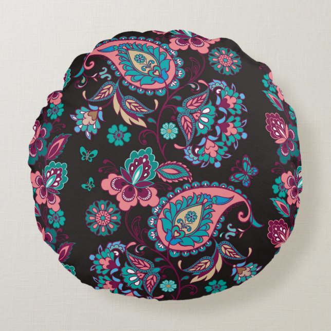 Cojín Redondo Rayo Paisley: negro decorativo sin foco (Anverso)