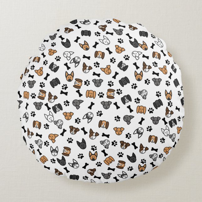 Cojín Redondo Razas divertidas de perro con huesos y pinturas (Anverso)