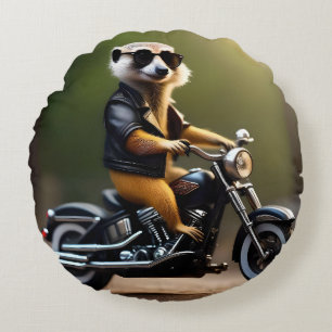 Cojín Redondo Rebel Meerkat: Pañuelos, gafas de sol y moto