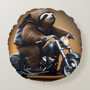 Cojín Redondo Rebel Sloth: Motocicleta con cuero