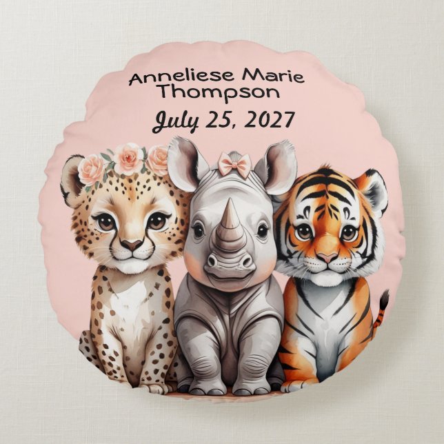 Cojín Redondo Recién nacido de animales salvavidas personalizado (Anverso)