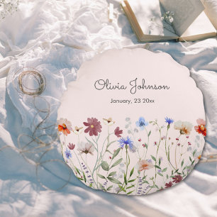 Cojín Redondo Recuerdo de nacimiento de bebé de flores silvestre