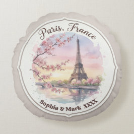 Cojín Redondo Recuerdo personalizado de pareja de París y flor d