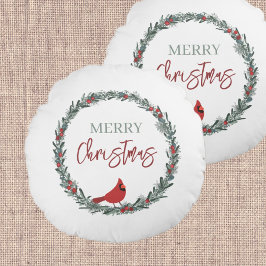 Cojín Redondo Red Berries Wreath and Red Cardinal Christmas