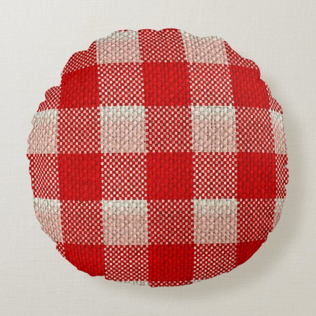 Cojín Redondo Red Gingham Checkered Pattern Burlap Look (Anverso)