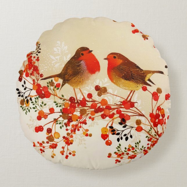 Cojín Redondo Red Gold Winter Birds Holly Berry Branches (Anverso)