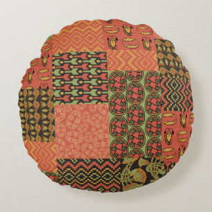 Cojín Redondo Red, Green, Black Egyptian Tribal Faux Patchwork