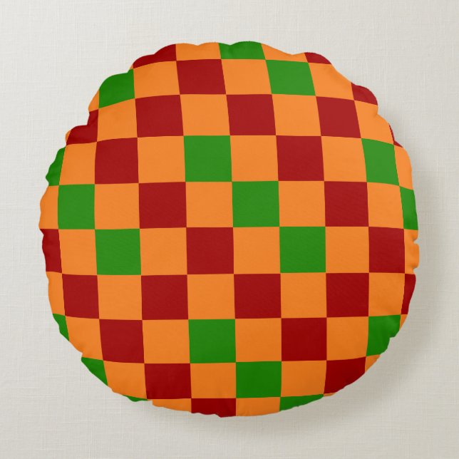 Cojín Redondo Red Orange Green Checkered Pattern Design  (Anverso)