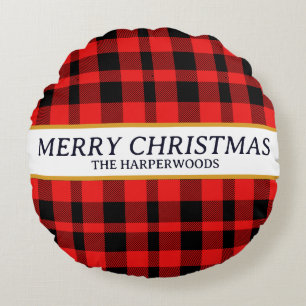 Cojín Redondo Red Plaid Elegant Decorant Navidad Familia