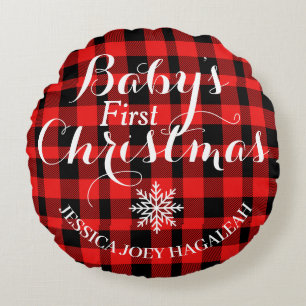 Cojín Redondo Red Plaid First Christmas Personalizada Baby Photo