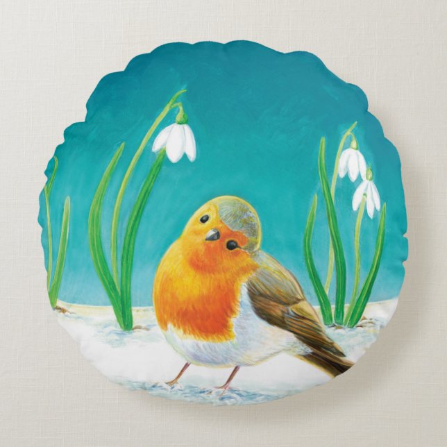 Cojín Redondo Red Robin (Erithacus rubecula) Primavera temprana (Anverso)