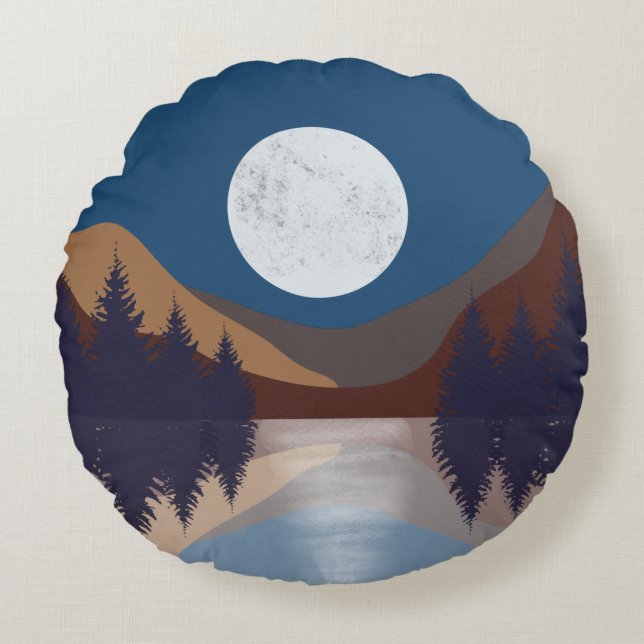 Cojín Redondo Reflexión de la luna del bosque del paisaje del ab (Anverso)