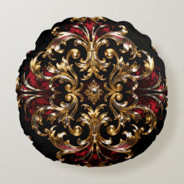 Cojín Redondo Regal Noir Pattern | Gold Scrollwork & Crimson