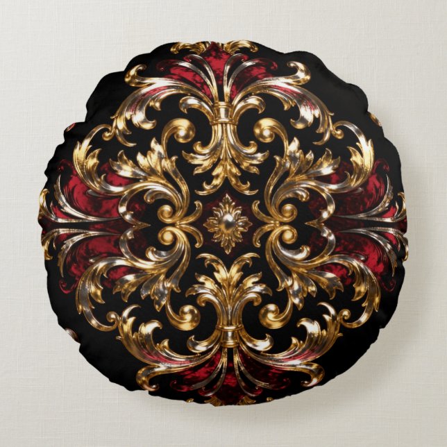 Cojín Redondo Regal Noir Pattern | Gold Scrollwork & Crimson (Anverso)