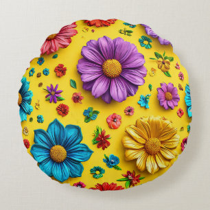 Cojín Redondo Regalo botánico para ella Flores 3D coloridas