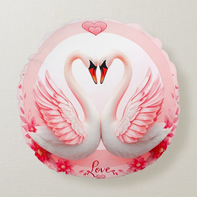 Cojín Redondo Regalo de boda floral cisnes románticos (Anverso)