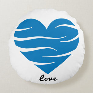 Cojín Redondo Regalo de Corazón Azul con Olas Abstractas Amor y