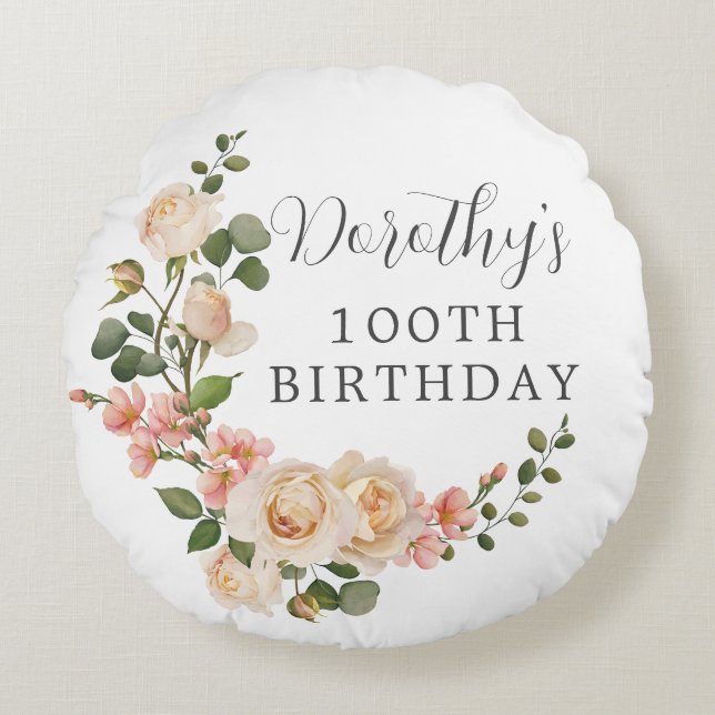 Cojín Redondo Regalo de cumpleaños 100 de Floral blanca de marfi (Anverso)