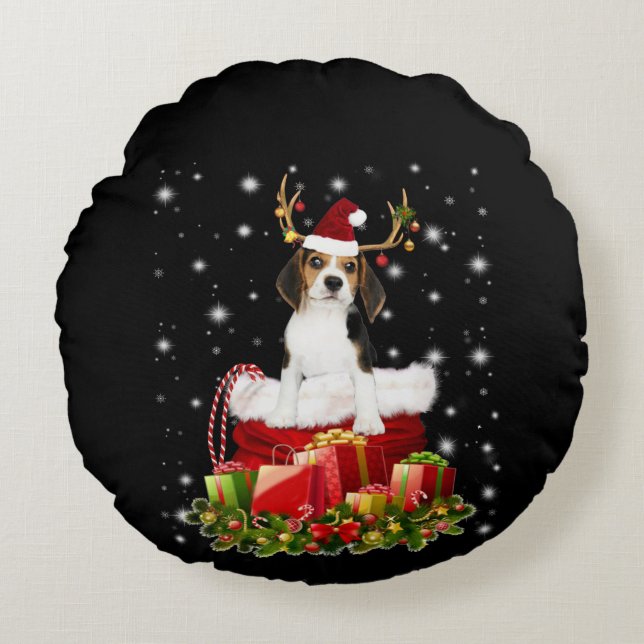 Cojín Redondo Regalo de Navidades Beagle Reindeer Pressent (Anverso)