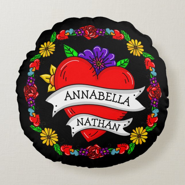 Cojín Redondo Regalo de pareja romántica | Arte Tattoo Style (Anverso)