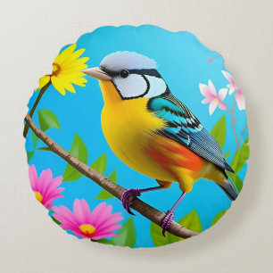 Cojín Redondo 🌿 Regalo de rama floral de ave Tit vibrante para 
