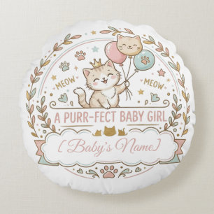 Cojín Redondo Regalo para Baby Shower con tema de gato rosa y do